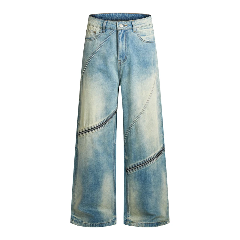 Washed Vintage Distressed Design Men's Jeans Loose Asymmetrical Irregular Patchwork Zippered Straight Denim Pants
