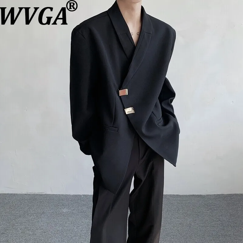 

WVGA Spring Autumn New Men Tide Long Sleeve Blazer Niche Chic Casual Metal Button Asymmetrical Placket Suit Coats Ins Y2K W16225