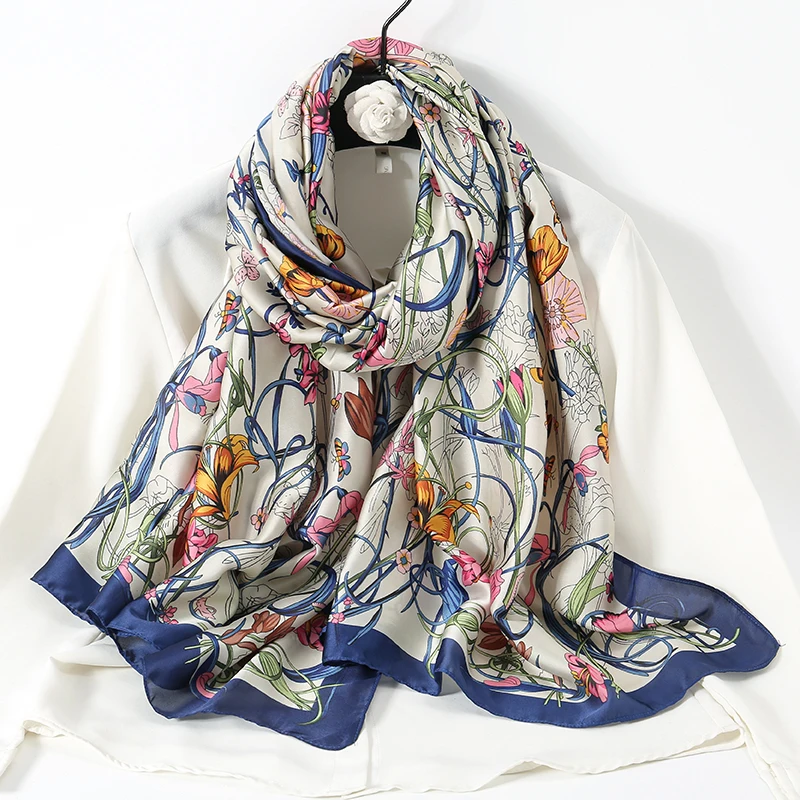 Premium Shimmer Silk Satin Scarf Printed Foulard Femme Hijab Floral Women\'s Scarfs Beach Travel Shawl and Wraps Muslim Maxi Wrap