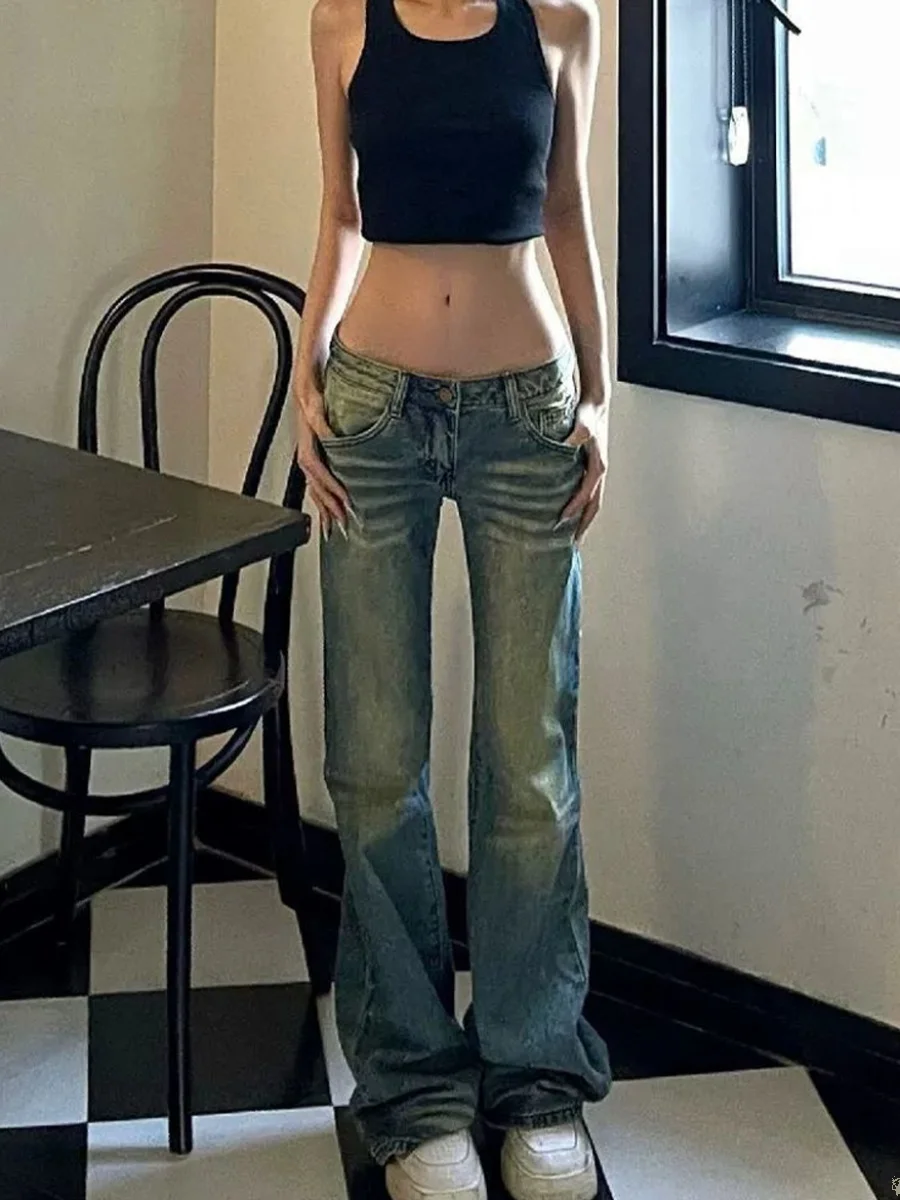 American Style Spicy Girl Low Waist Tight Micro Flared Jeans Women's New 2026 Retro Loose Slim Straight Floor-Length Pants