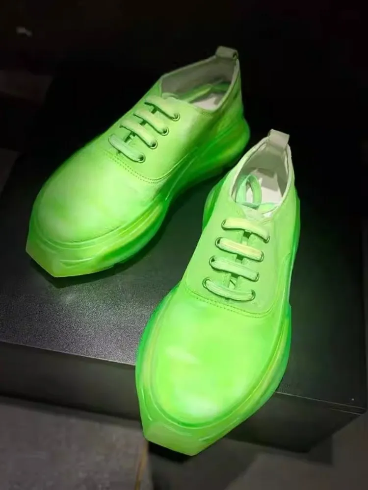New Mens Breathable Cowskin Genuine Leather Sneakers Transparent Sole Fashion Designer Shoes Lace Up Round Toe Platform Shoes
