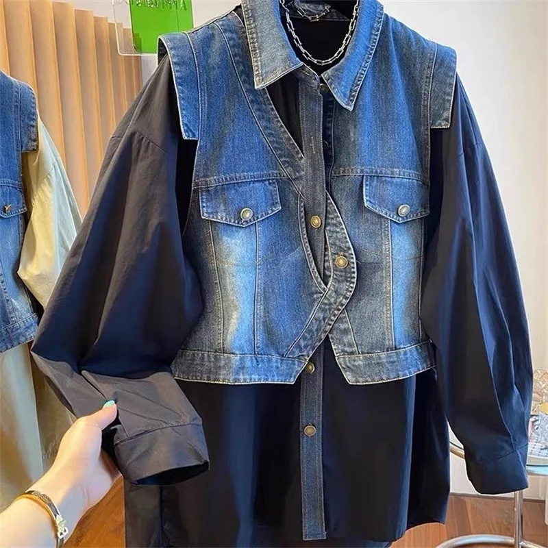 European Goods Fat MM Thin Belly Fake Two-Piece Shirt loose Tibetan Meat Autumn Design Sense, Denim Stitching Long-sleeved Shirt