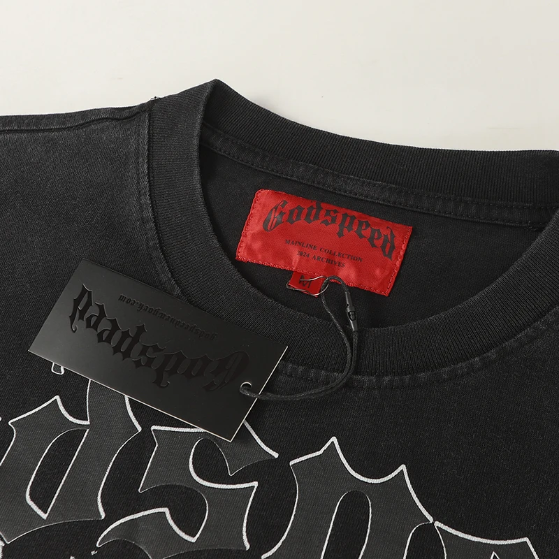 تي شيرت American Streetwear Godspeed بأكمام طويلة وطباعة هيكل عظمي جرافيتي كاجوال مغسول 100% قطن برقبة دائرية