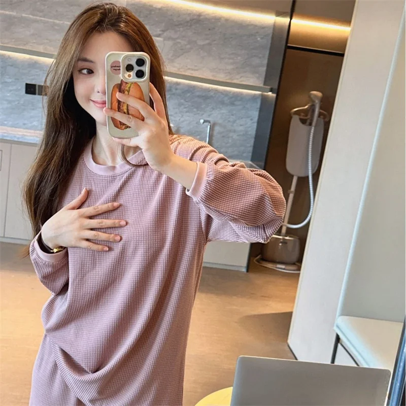 

Autumn Winter Women Round-neck Long Sleeve Pajama Sets Plaid Sweet Tender Popular Simple Chic Home wear Soft Nightwear