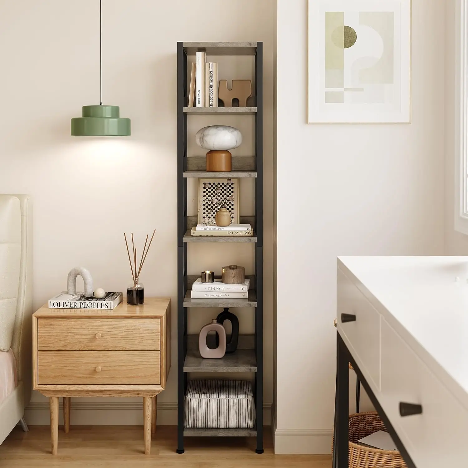 Narrow 6-Tier Tall Skinny Bookshelf – Rustic Industrial Metal Frame Corner Bookcase – Compact Freestanding Storage Rack for Bedr