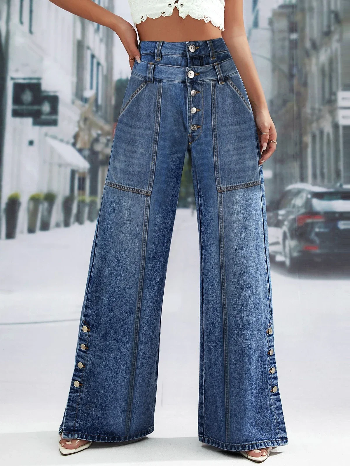 Jean bleu à jambes larges pour femmes, pantalon en denim, mode Y2K, commandé, taille haute, vintage, décontracté, confort, 2024