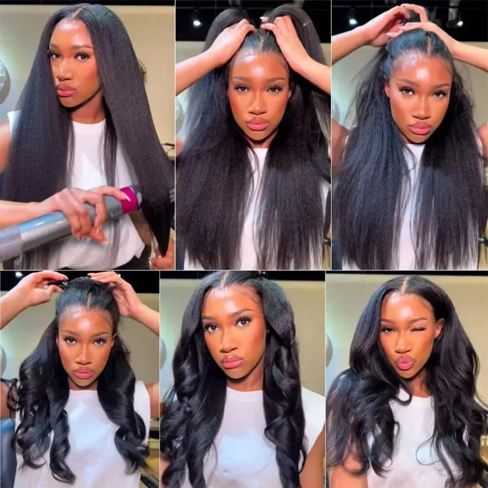Kinky Straight Human Hair Wigs 360 Lace Front Wig Invisible Strap HD Pre