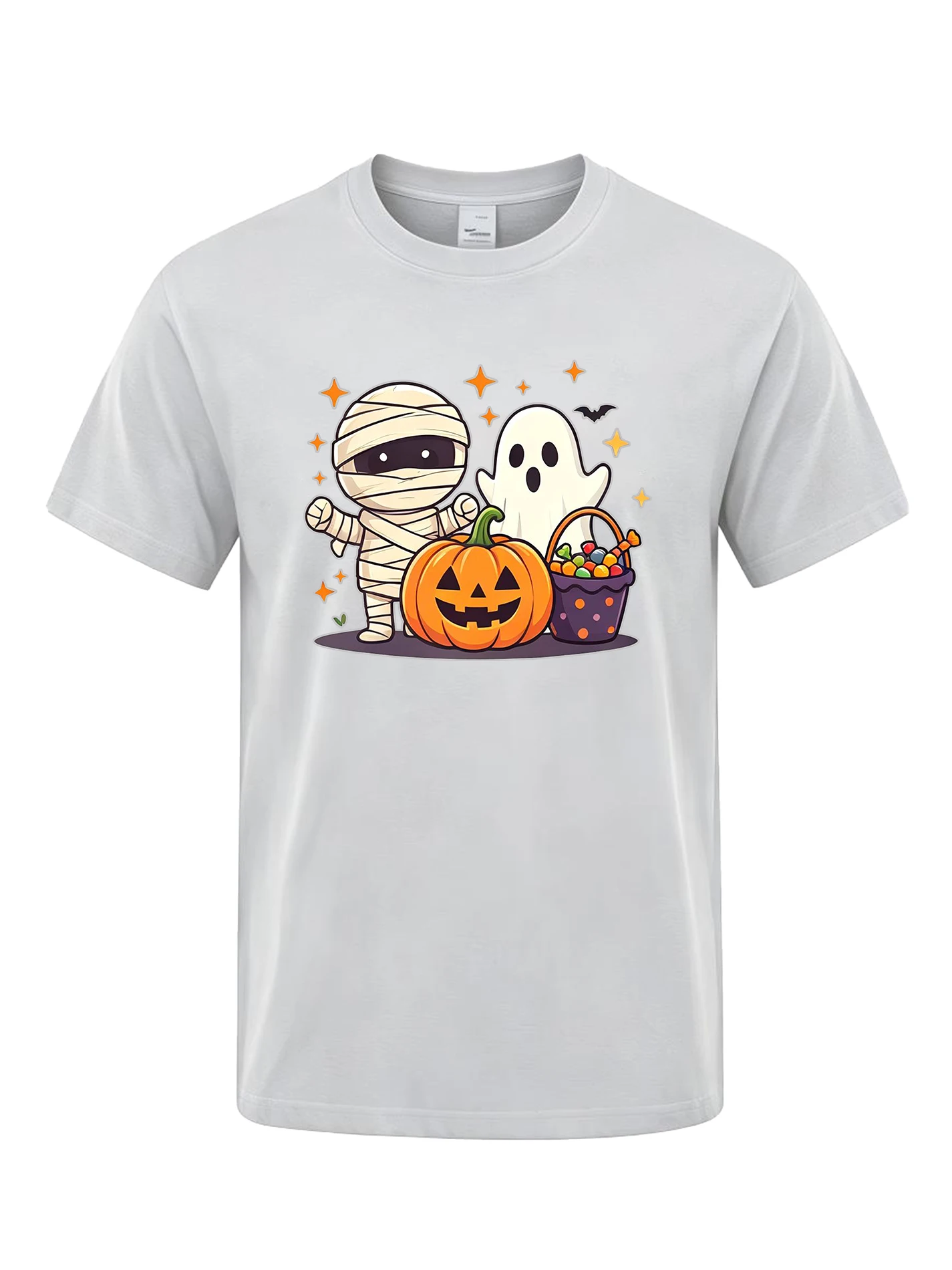 Men Halloween Cartoon T‑Shirt Cute Mummy Ghost Pumpkin Candy Bucket Print Crew Neck Short Sleeve T-shirt Multiple Colors Casual Holiday Party Tee