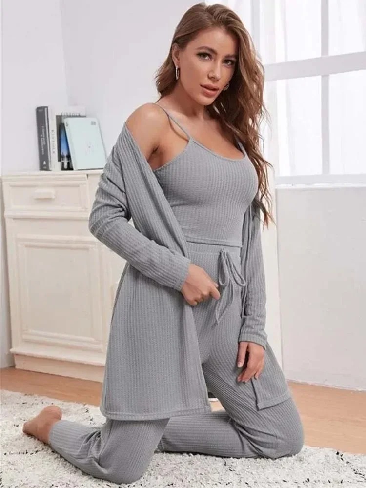 Solid Plaid Knitted Pajama Sets Women Autumn Sexy 3 Pcs Sets Casual Home Wear Sleeveless Tank Crop Long Cardigan and Pantsuit