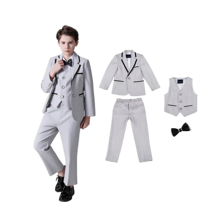 Children Spring 4Pieces/Set Jacket Vest Pants Bowtie Wedding Dress Boys Photography Suit Kids Birthday Performance Costume
