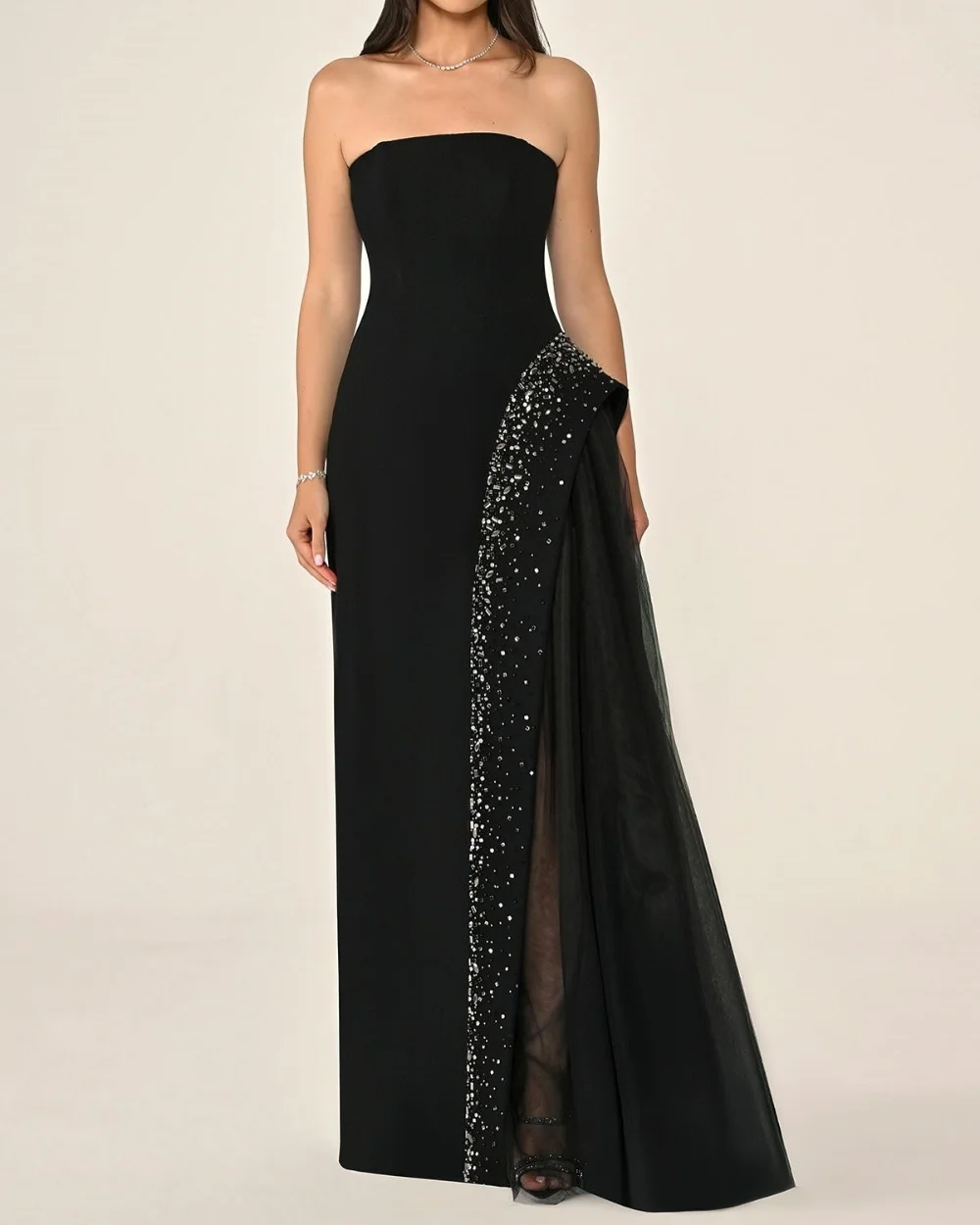 Customized Modern Style Formal Jersey Rhinestone Pleat Straight Strapless Long Dresses Bespoke Occasion Dresses Elegant Retro
