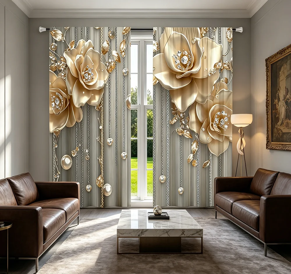 2PCS Digital Printed Curtains, Golden Pearl Flower Pattern, Luxury Rich Elegant Baroque Style for Living Room Bedroom Home Decor