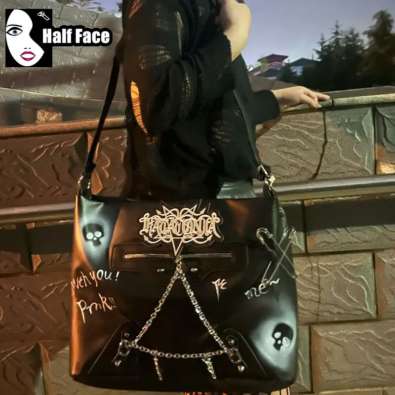 Y2K Girls Harajuku Gothic Handbag Skeleton Chain Leather   PU Large Capacity Lolita One Shoulder Punk Womens Crossbody Bags Tote