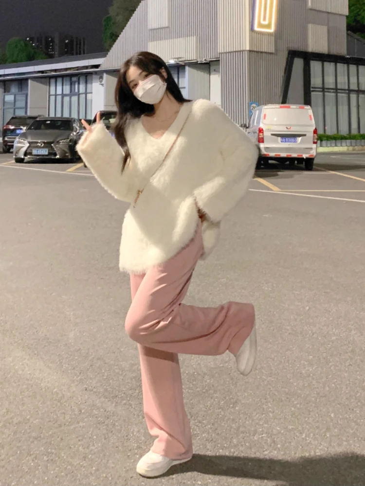 Fluffy Loose Solid V-neck Pullovers Women Thicker Autumn Winter Fashion Simple Leisure All-match Mohair Streetwear Warm Sweaters