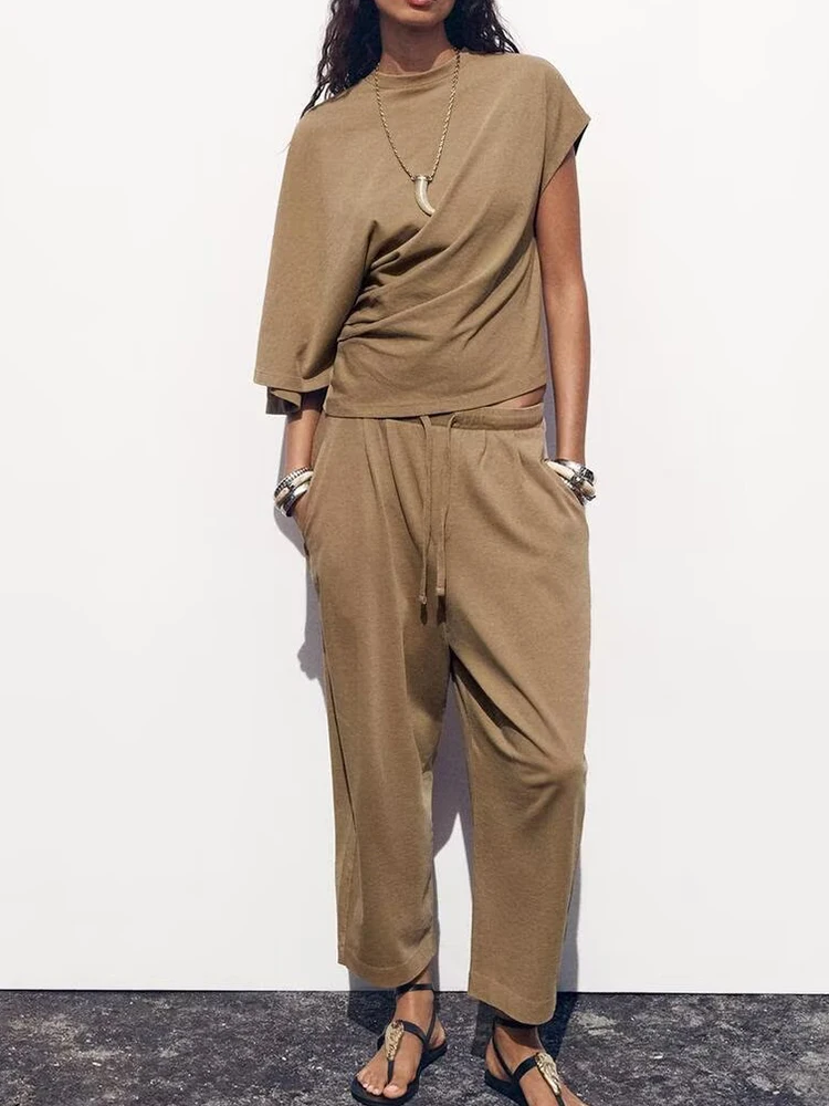 

European and American style summer new products women's clothing washed asymmetric slim round neck T-shirt wide leg pants