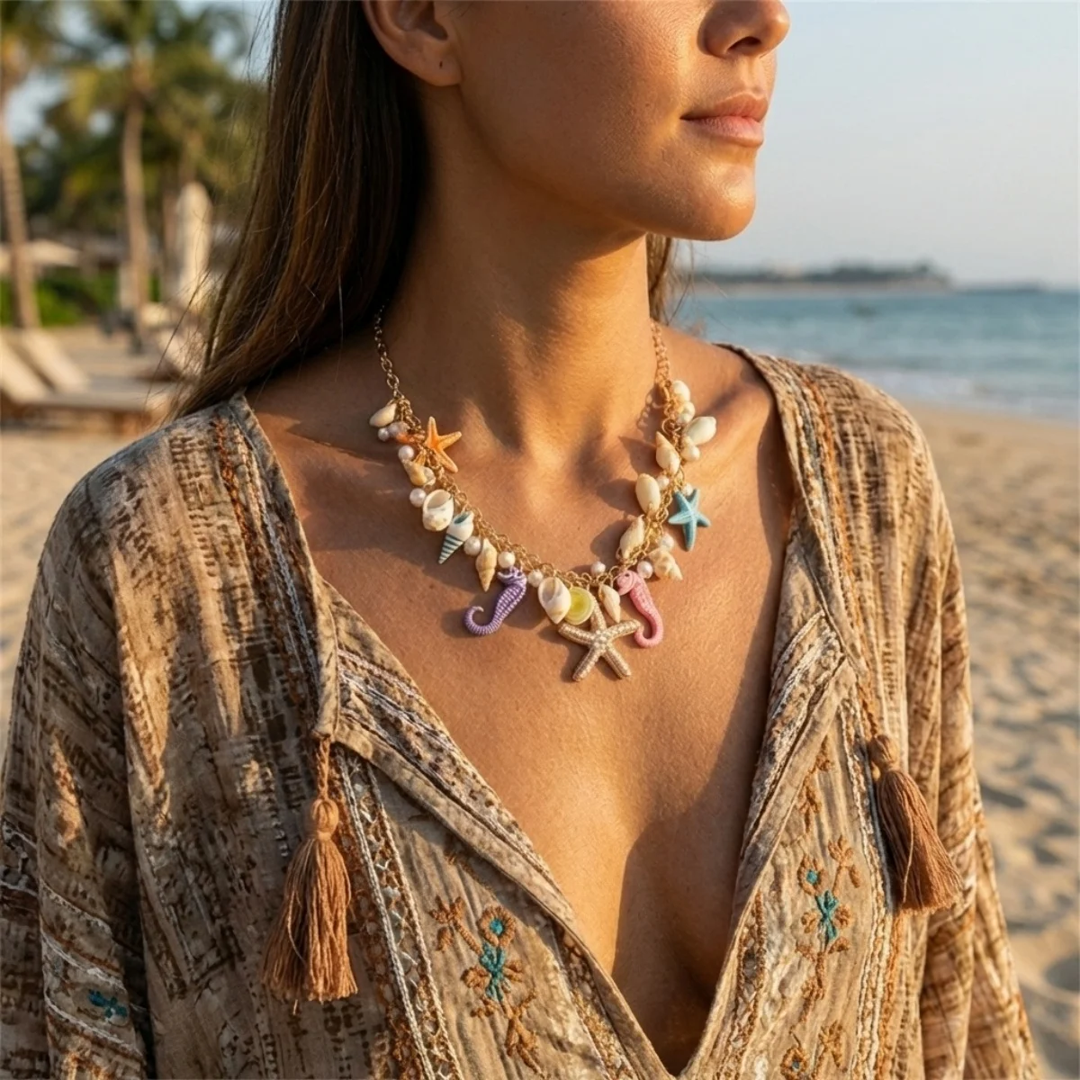 Sommerliche, extravagante, farbenfrohe Anhänger-Halskette mit Seestern, Muschel und Seepferdchen aus Kunstharz für Damen und Herren, Ozean- und Strandmotiv, Meerestier-Choker-Schmuck – Detail 8
