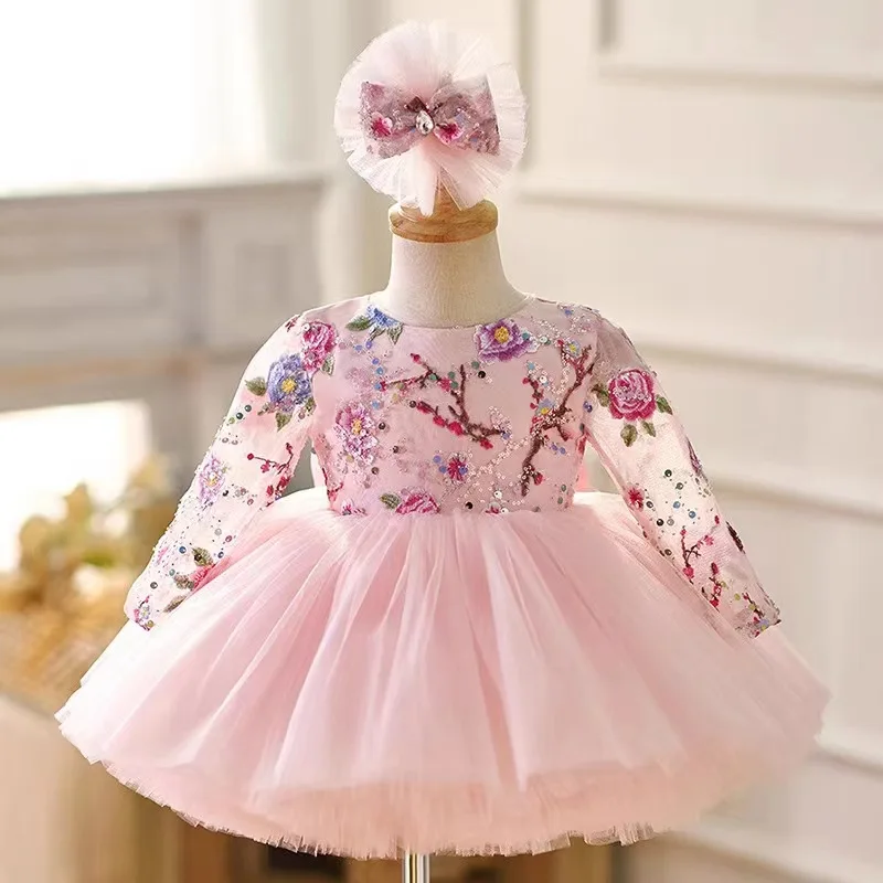 Cute Girls' 1-Year-Old Dress Pink Mori Flower Fairy Style Long-Sleeved Puffy Vessel Gown Dream Purple for Banquets