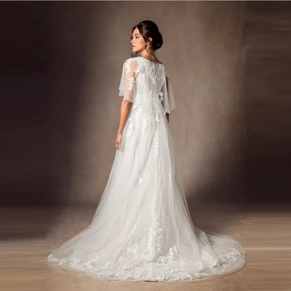 A-line Lace Tulle Bohemian Applique Tull Wedding Dress for Women 2025 V-Neck Customized Bridal Gown vestido de Customized