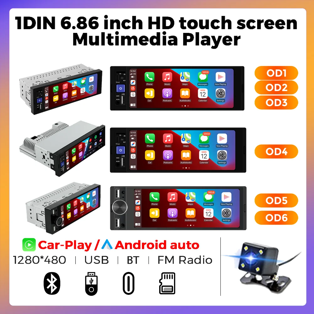 For Universal 1DIN MP5 Player Car Radio Multimedia Player 6.86inch HD touch Screen Autoradio For Carplay Android Auto FM BT USB