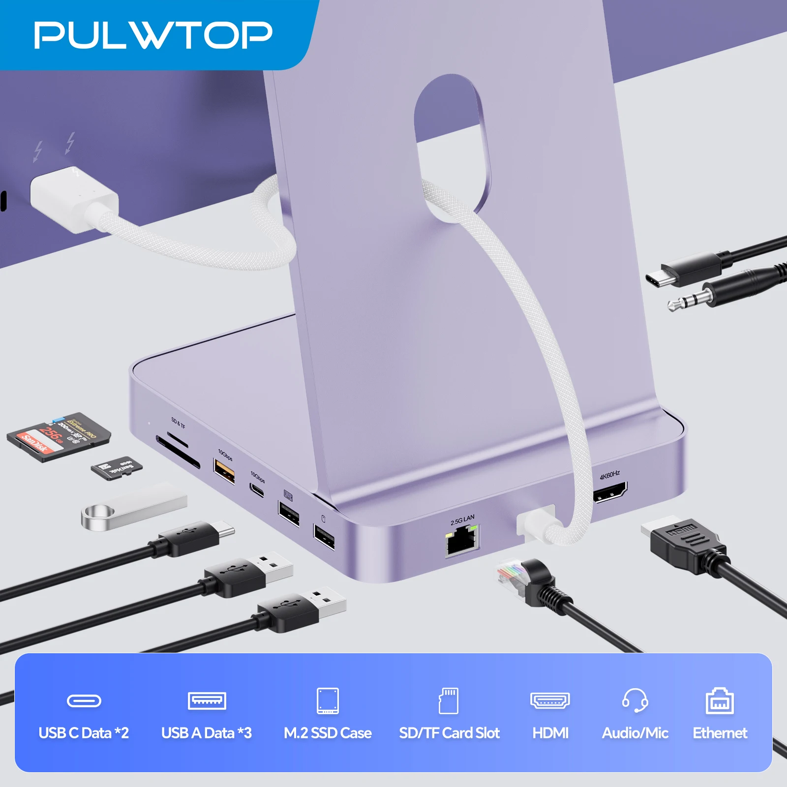 PULWTOP 11-in-2 USB C Hub for iMac24 Inch 2021/2023/2024 with 4K HDMI, Ethernet, USB A/C 10Gbps, SD/TF, M.2 SSD Enclosure-Purple