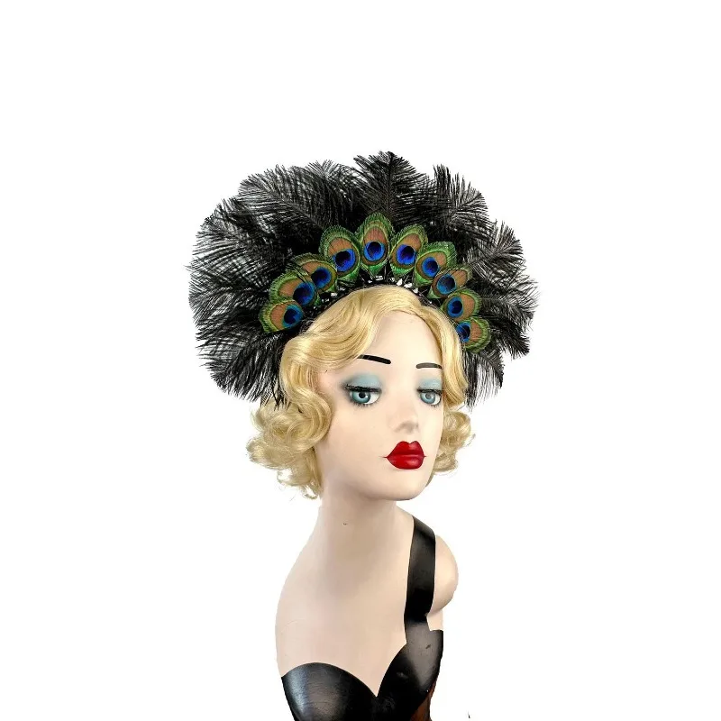Peacock Eye Feather Headpiece with Ostrich Feathers, Roaring 20s Flapper Headband Gatsby Style Halo Crown Hair Accessory view 3