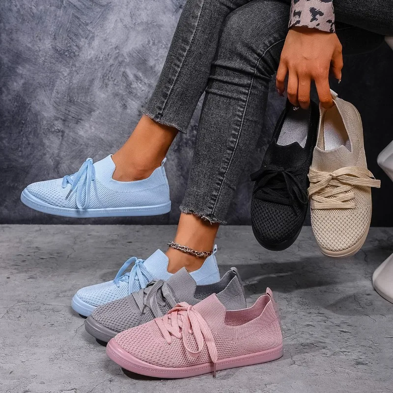

Hot Selling Casual Lace Up Flat Bottomed Round Toe Woven Women's Shoes Fashionable 36-42 Large Breathable Mesh Single Shoes
