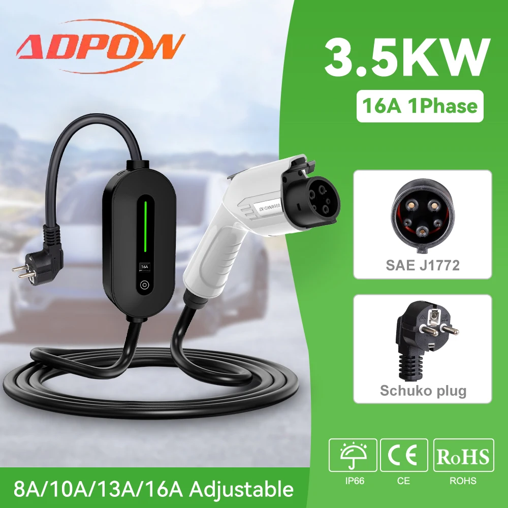 

ADPOW 16A EV Charger 3.5KW Type1 220V Charging Cable GBT Wallbox EVSE Type2 Charging Stations for Electric Car Accessories
