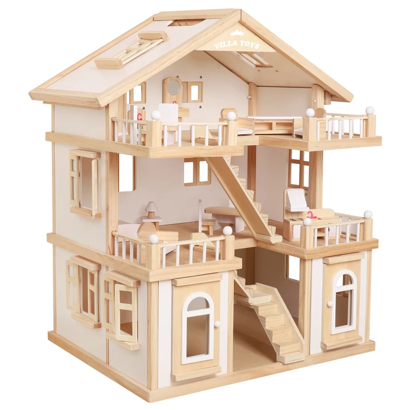 Wooden Solid Wood Simulation Three-Story Villa Children Simulation Every House Princess Doll House Set Toys