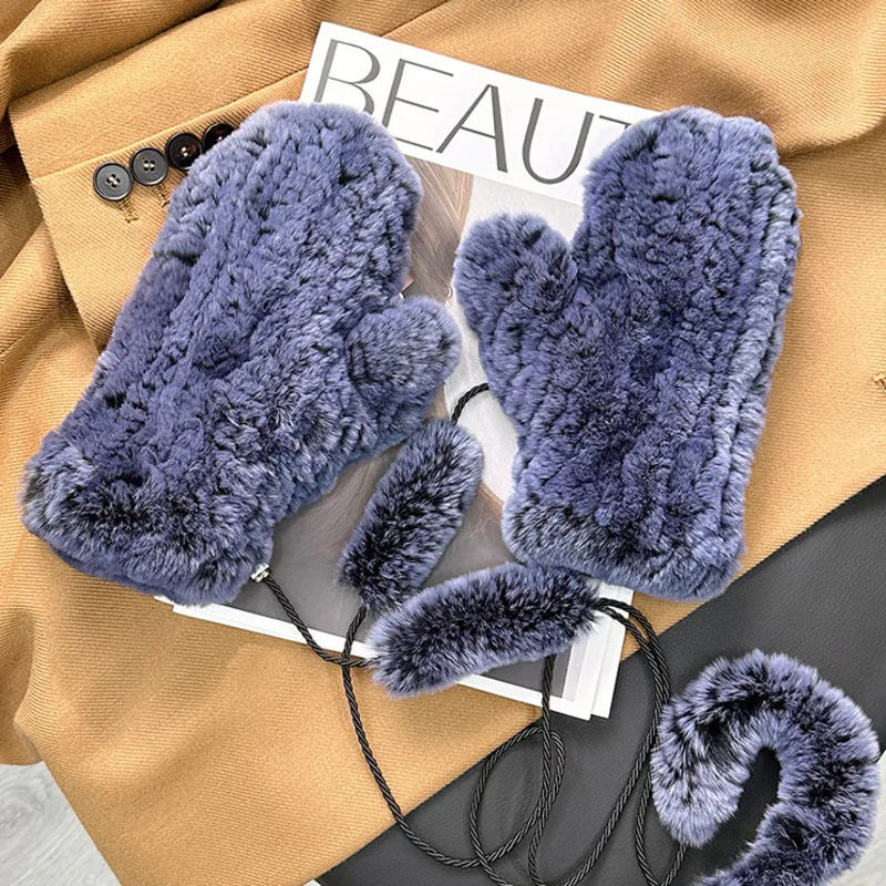 Soft Plush Rex Rabbit Fur Gloves for Women Warm Winter Mittens Gloves with Elastic Cuff Fashion Cold Weather Gloves for Skiing