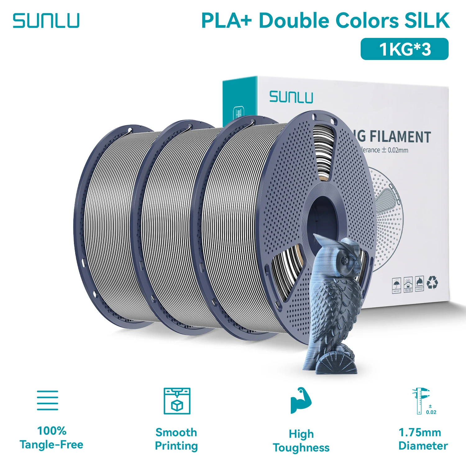SUNLU Silk PLA PLUS 3D Filament 1.75mm Dubbele Kleuren Zijde Texturen PLA+ Verloopkleuren Filament voor de Meeste FDM 3D Printers 3KG