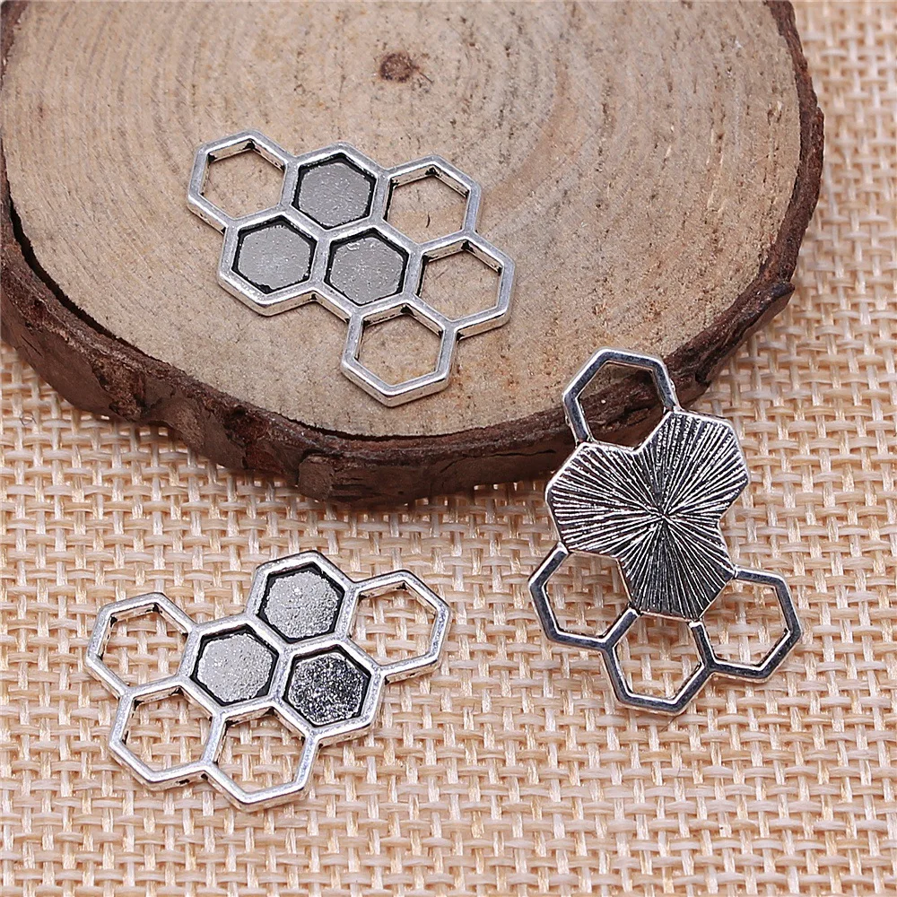 10pcs 25x17mm Antique Silver Color Honeycomb Charms Pendant Vintage Hand Crafts Accessories