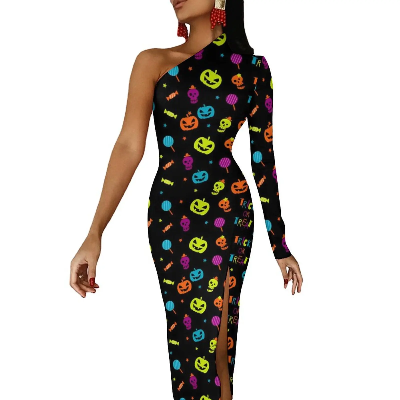 

Colorful Pumpkin Maxi Dress One Shoulder Halloween Design Elegant Bodycon Dress Summer Party Long Dresses Women Design Clothes