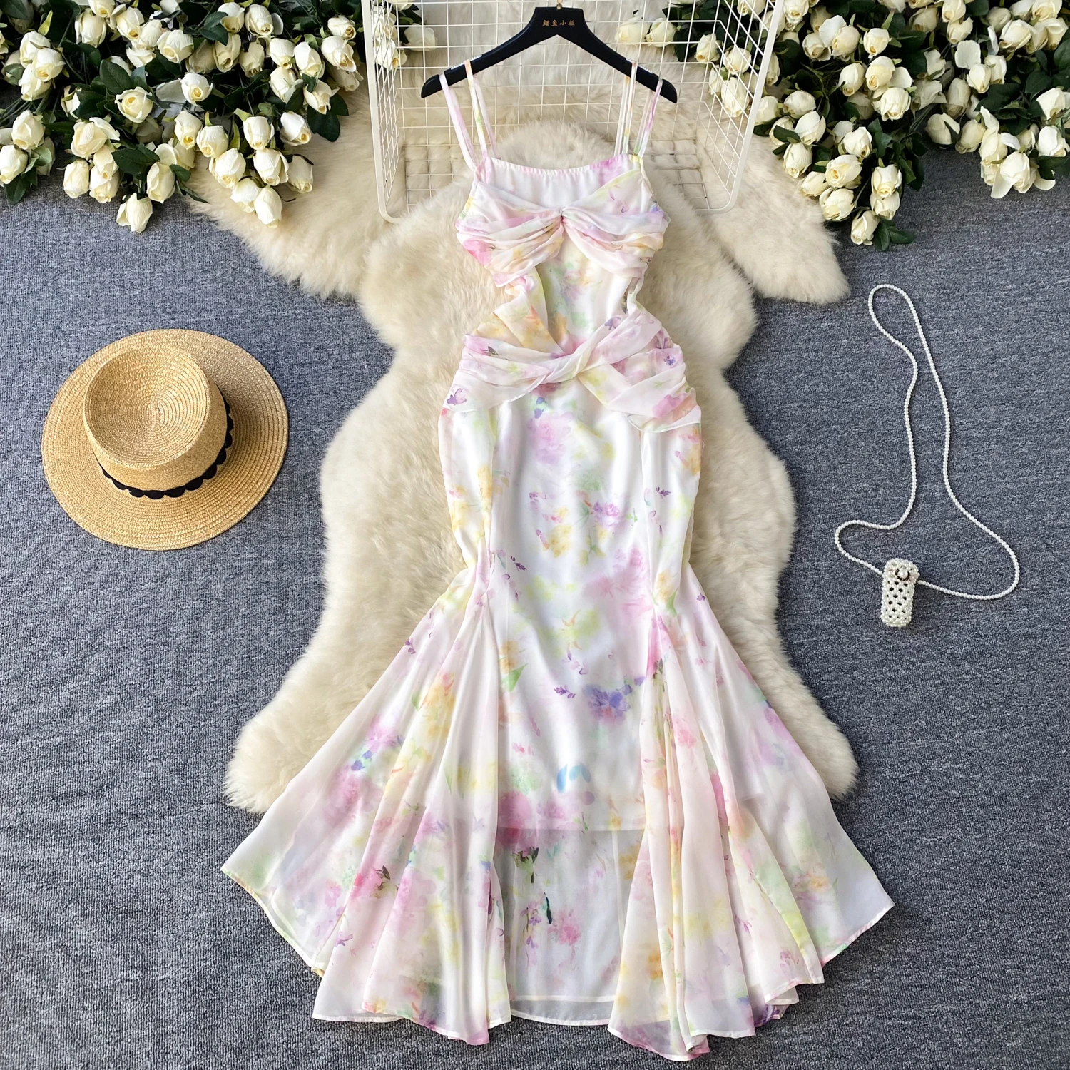 Elegant sweet Backless print High Waist pleated Slip Dress Fairy A-line Vestidos Women summer Beach sexy basics loose dresses