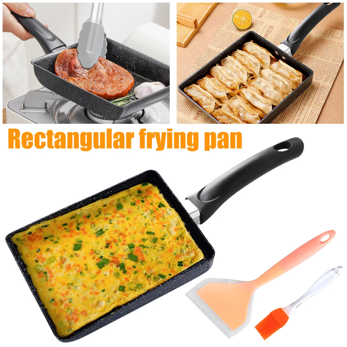 Tamagoyaki Pan with Silicone Spatula and Oil Brush 7.3×5.3inch Non-Stick Japanese Omelette Pan Premium Rectangle Frying Pan Egg