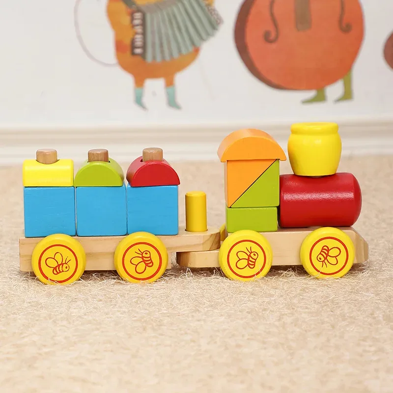 Topmaya bloco de construção de madeira trem push-pull dos desenhos animados animal forma educacional das crianças bloco de construção conjunto coluna brinquedo b157