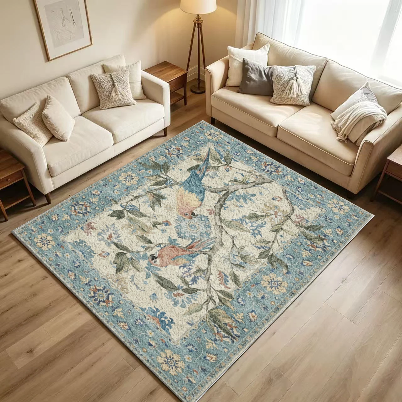 Vintage Parrot Bird Floral Pattern Decorative Border Carpet Non-Slip Washable Living Room Carpet Traditional Home Decoration