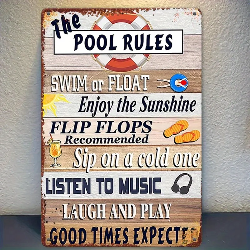 Vintage Pool Rules Metal Sign – Rustic Iron Wall Decor with Fun Swimming Etiquette, Perfect for Home, Pond, Farmhouse, or P