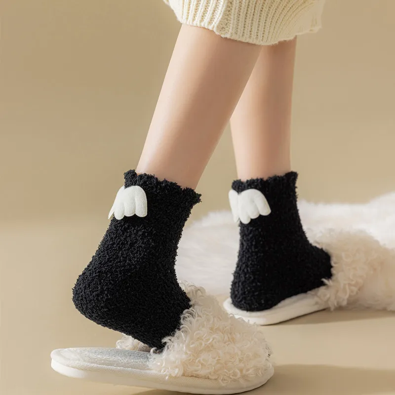 Woman Wing Sock Thicken Crew White Black Cotton Soft Coral Fleece Kawaii Cute Hosiery Autumn Winter Warm Casual Ladies Stockings