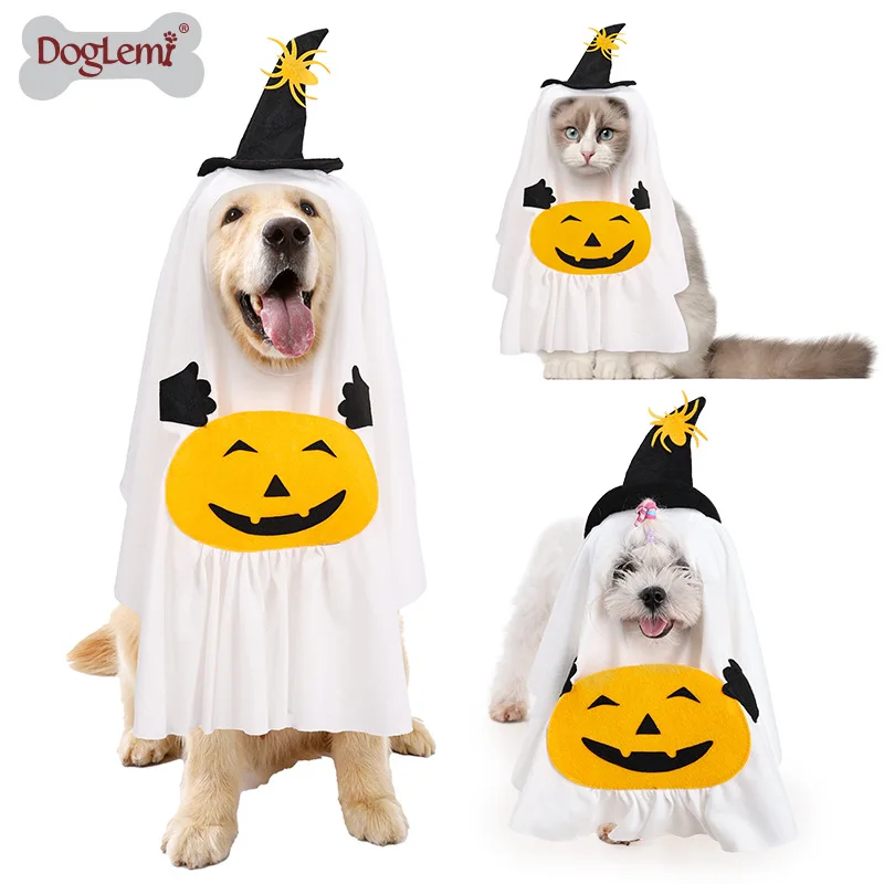 Dog Halloween Costume, Ghost Hat Halloween Treat Bags on Dog Ghost Costume for Small Pets Cosplay Party Suit