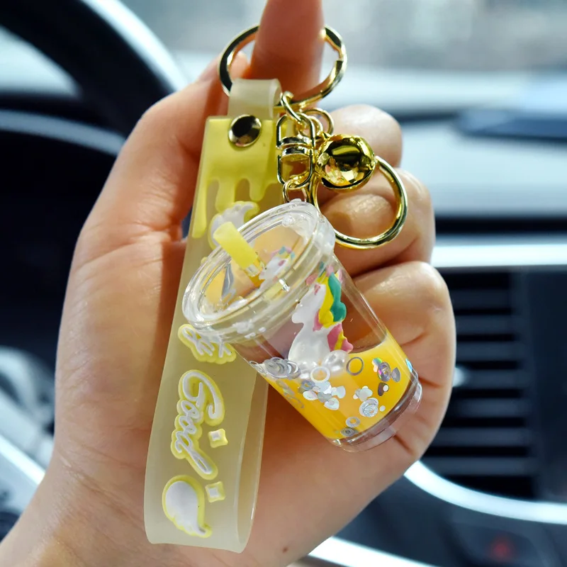 Transparente Bolha Chá Xícara Chaveiro, Cartoon Liquid Quicksand Quicksand Unicórnio Em Óleo Keyfob, Flutuante Anel Coração, Lantejoula Chaveiro