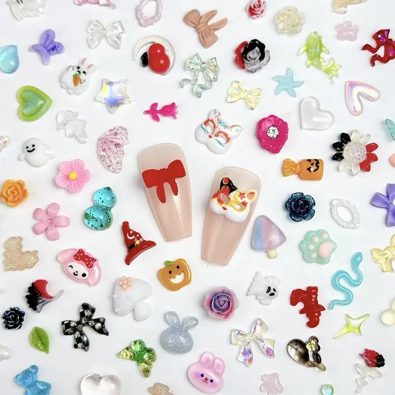 Cartoon Mixed Series Resin  Nail Art Decoration 3D Minimalist Bows Heart Flowers Cute Cat Claws Nail Charms DIY Nail Accessories