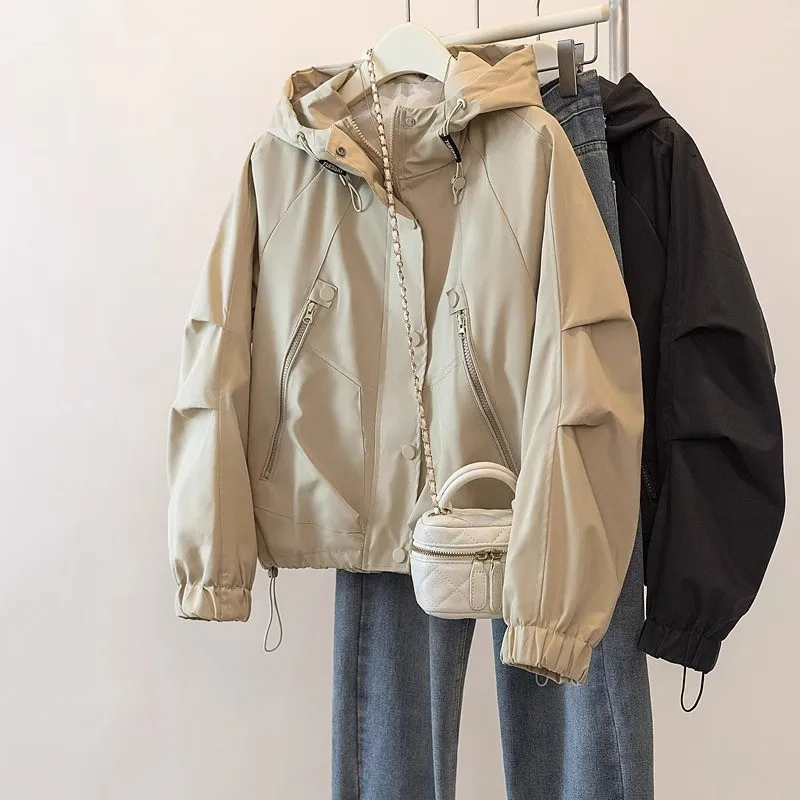 Fashion Loose Leisure Outdoor Windproof Jacket Women's Spring and Autumn Hooded Windbreaker Zipper Trench Coat