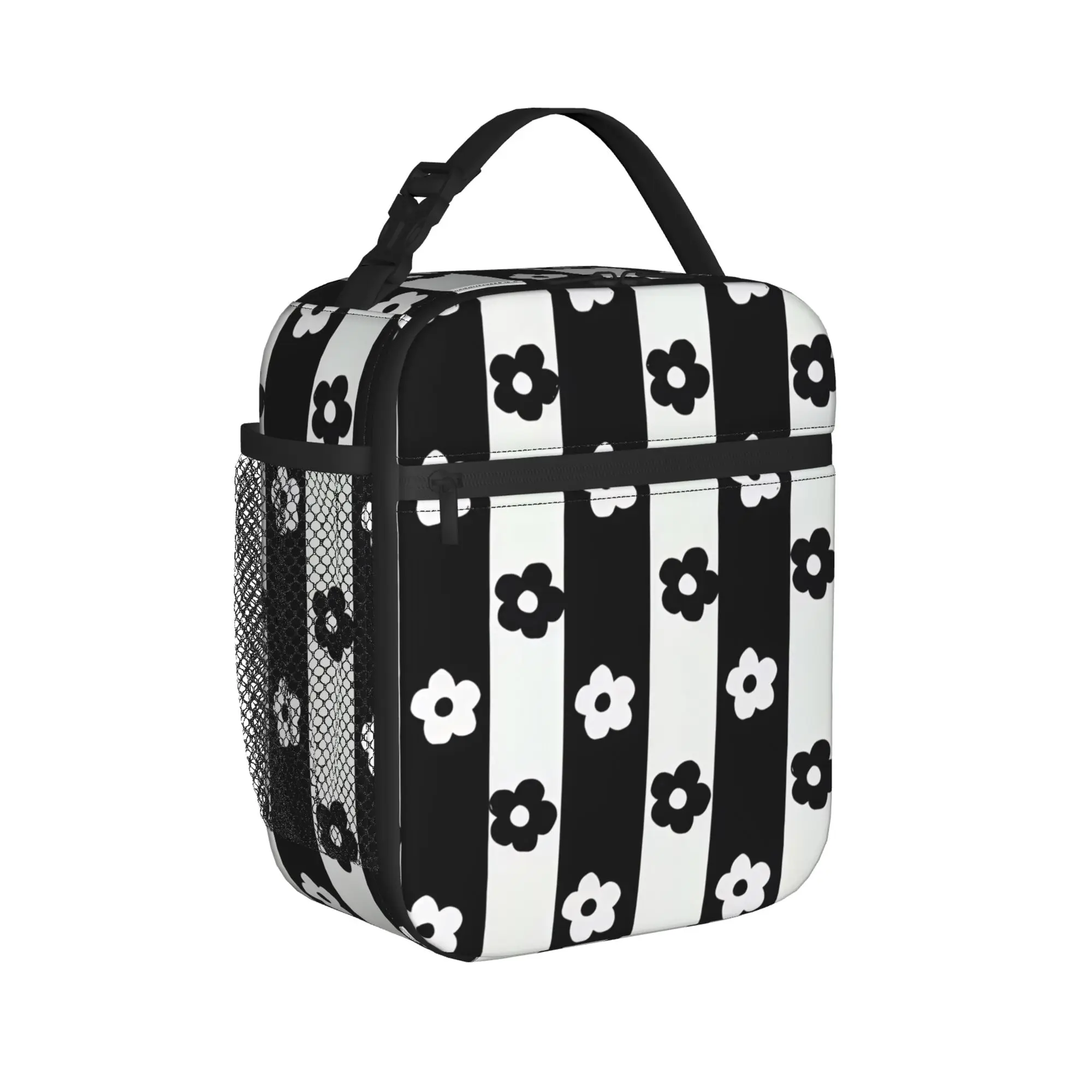Monochrome Daisy Stripes Lunch Bag For Men  Print Office Lunch Box Vintage Portable Zipper Oxford Cooler Bag