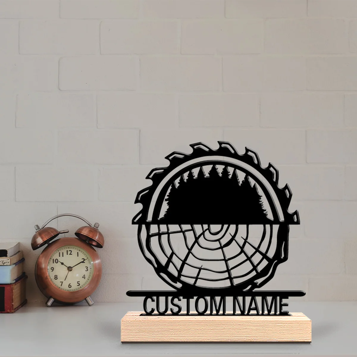 1pc Fashion gear Personalized Letter Tin Statue Metal Ornament Figurine With Wood Base Iron Statue With Wood Base Office Desk
