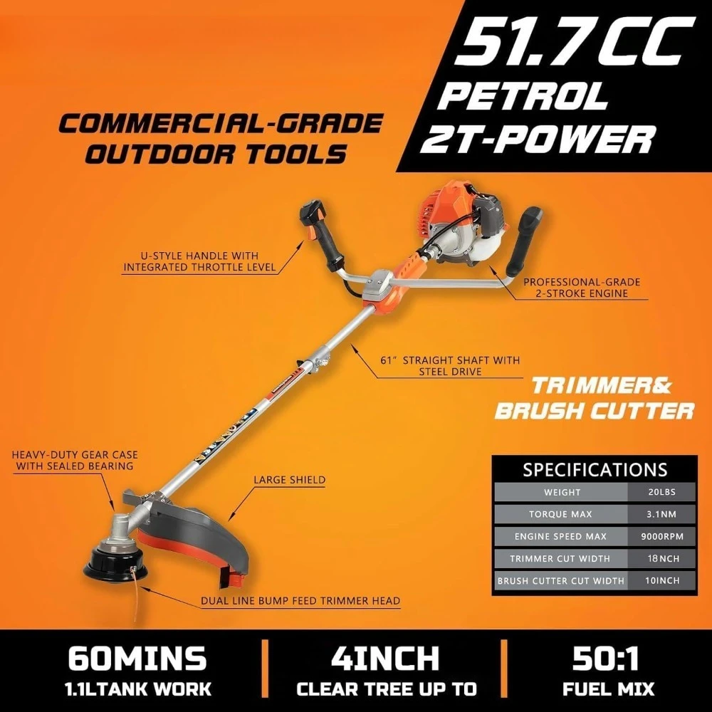 

Газонокосилка-триммер для травы и кусторез 3-в-1 с 2-тактным двигателем 51.7 куб. см, антивибрационной системой и газовым приводом