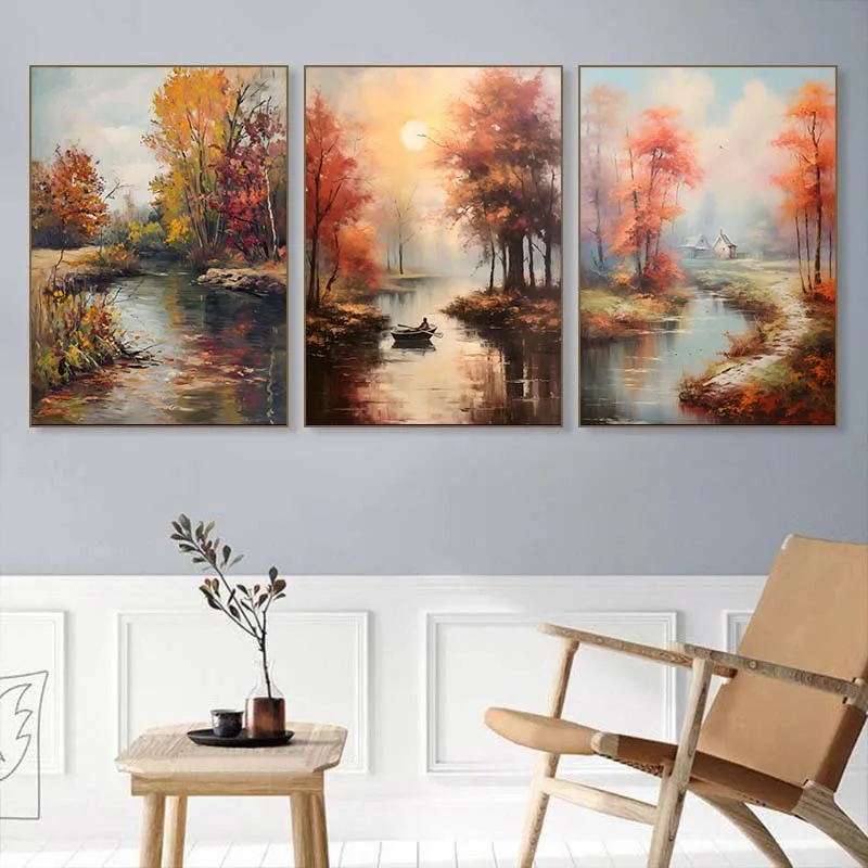 Abstract Oil Painting On Canvas Print Landscape Autumn Forest The River Canvas Posters Wall Art Picture Living Room Decoration
