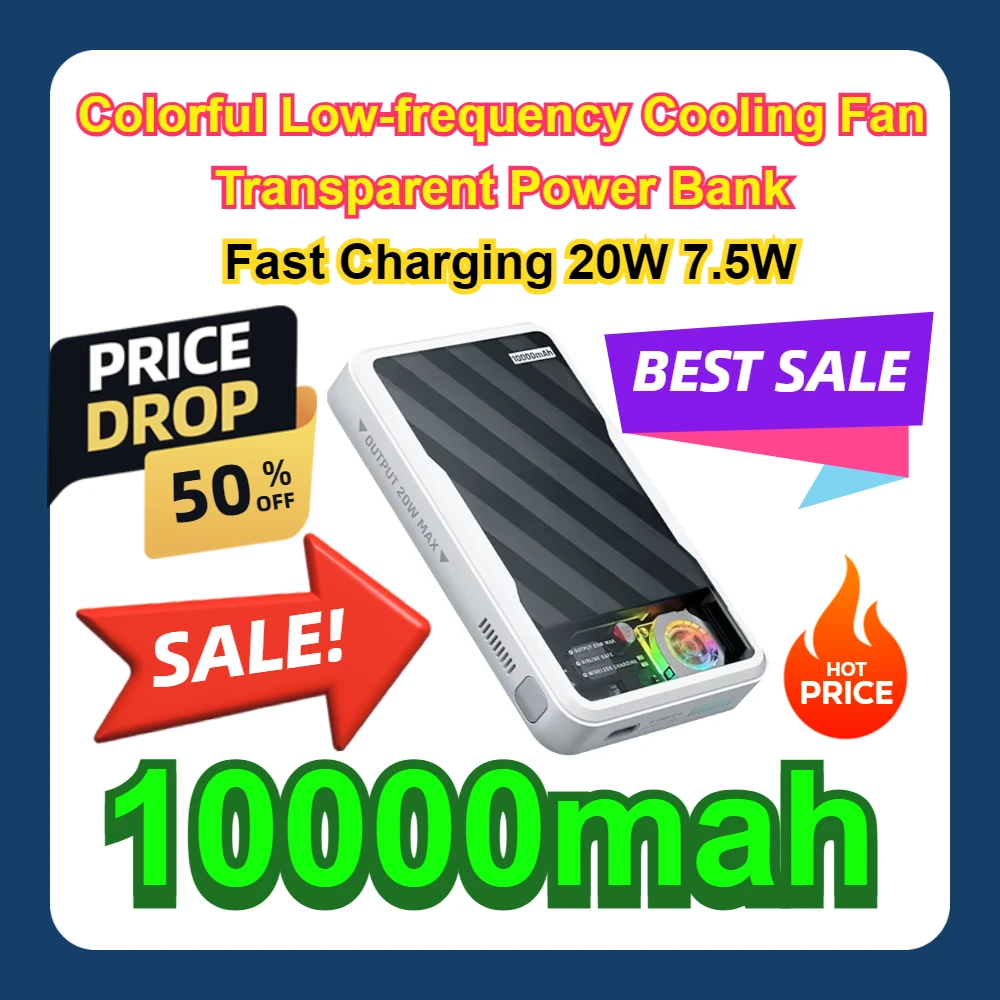 

Magnetic Powerbank 10000mah Colorful Low-frequency Cooling Fan Transparent Phone QI PD QC Fast Charging 20W 7.5W