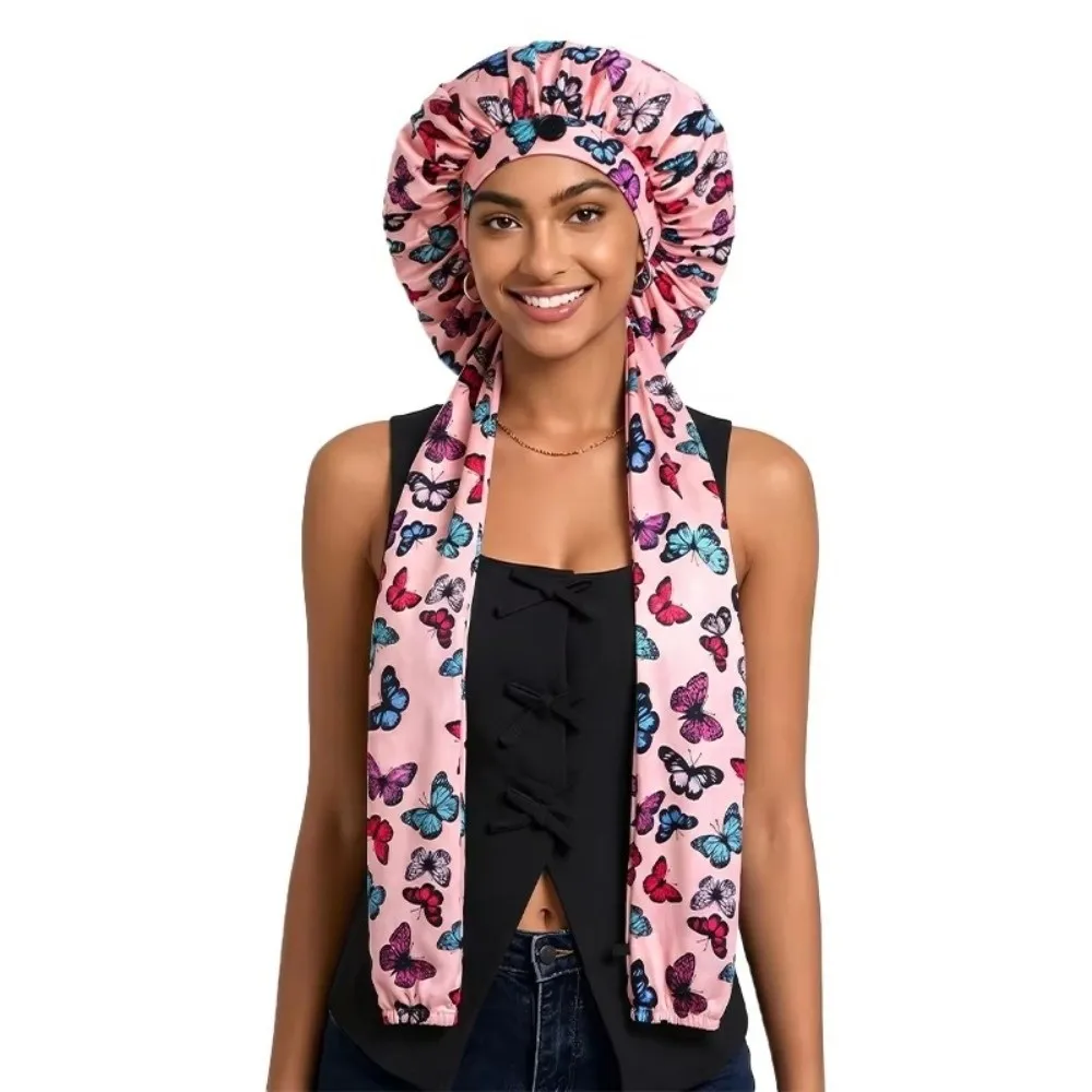 Ice Silk Heatless Curl Bonnet Elastic Band Long Tube Design Hair Care Wrap Satin Material Printed Satin Sleep Cap For Sleeping