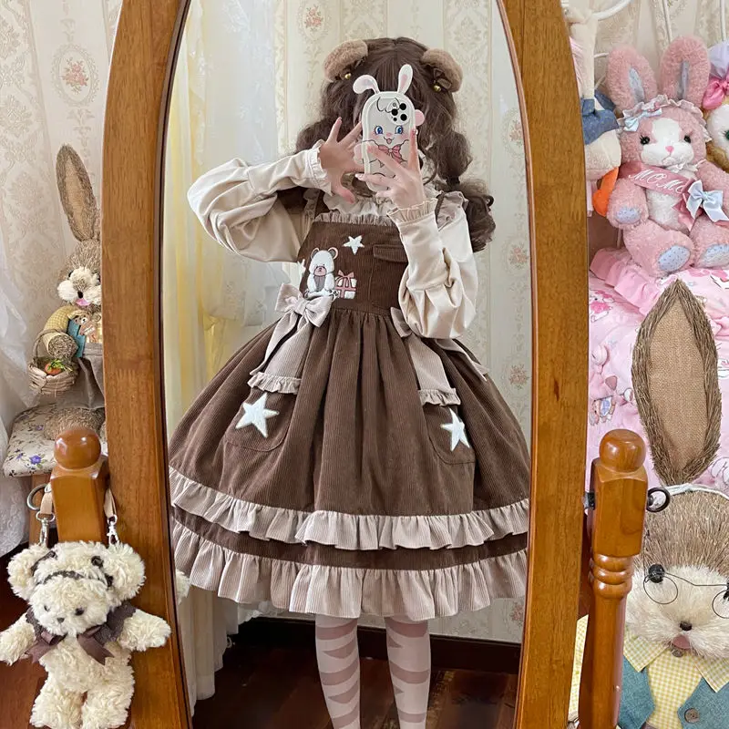 

Japanese Sweet Lolita Jsk Dress Victorian Women Cartoon Bear Kawaii Ruffles Party Girls Cute Princess Strap Dresses