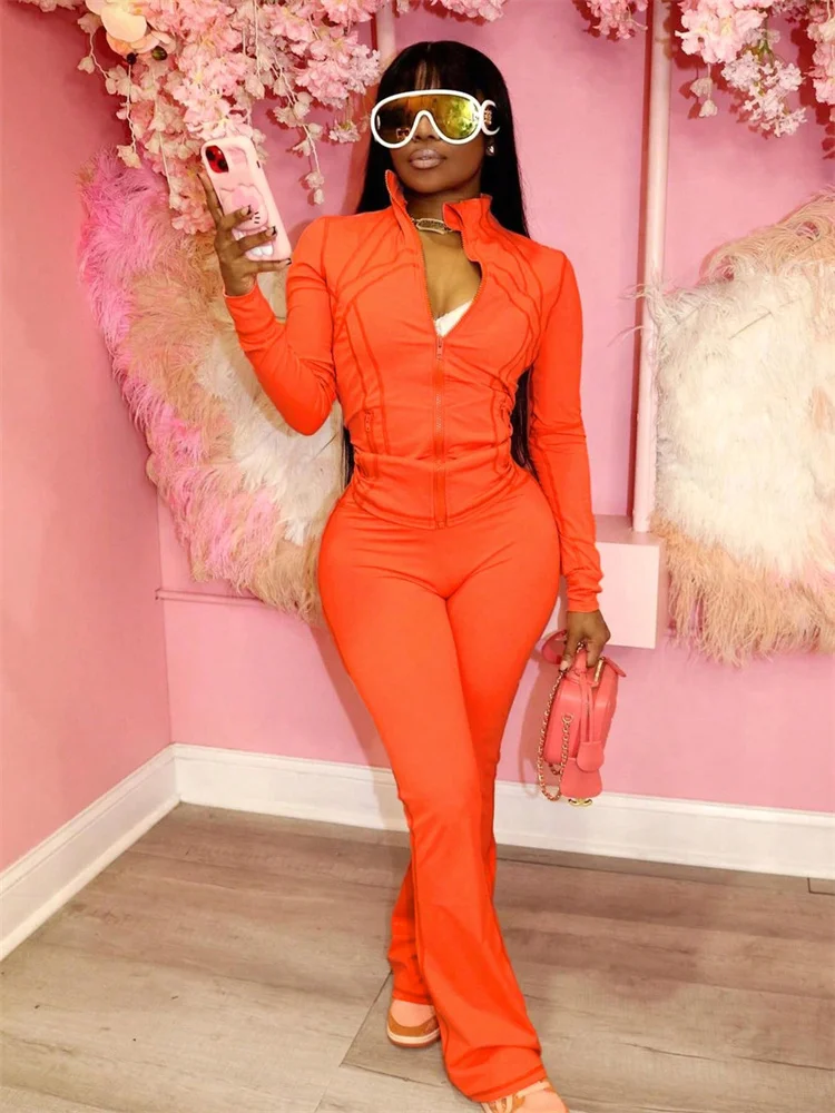 

Nibber Sporty 2-Piece Set Women Zip o-Neck Hollow Long Sleeve Coat+Stretch Trouser Solid Autumn Trend Simple Daily Street Suits